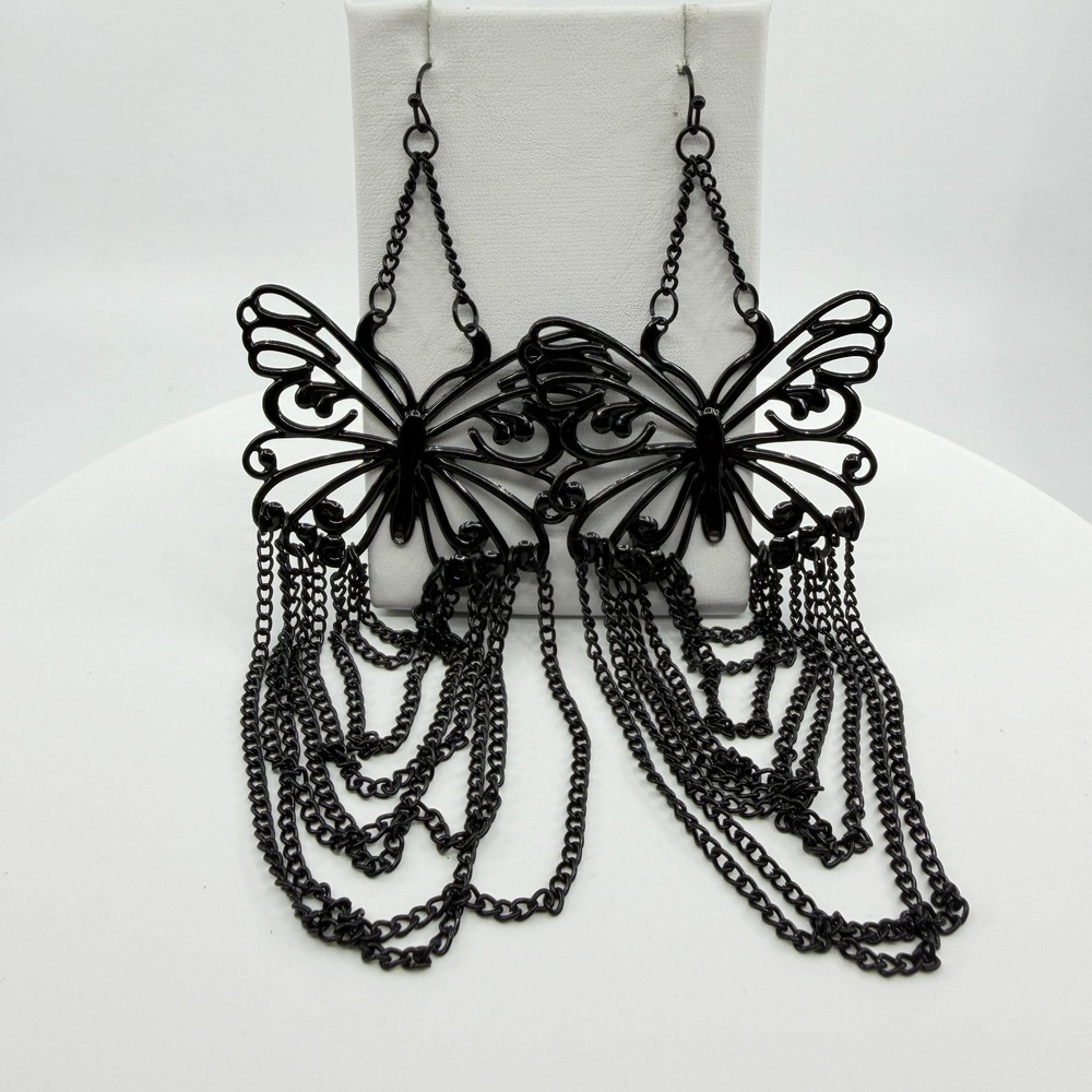 Black Butterfly Fringe Dangle Earrings - Grunge Goth Festival Gift